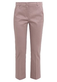 Pantaloni a fantasia in un tessuto marrone rossiccio con un motivo geometrico ripetuto in bianco e nero. Gamba dritta con fascia in vita.