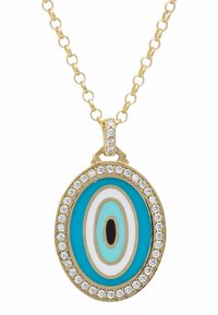 Kullaketju sisältää soikean riipuksen, jossa on keskenään erilaisia ympyröitä turkoosissa, valkoisessa ja mustassa, ja sitä ympäröi kirkkaista kristalleista muodostunut rengas.