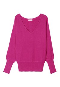 Pull en tricot fuchsia avec un col en V, des manches longues et des poignets côtelés. Texture douce et coupe décontractée. L'ourlet est légèrement court.