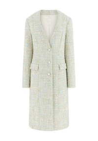 Gestructureerde lange jas in lichte pasteltinten, voorzien van een reverskraag, zes knopen en twee zijzakken. Gemaakt van een geweven stof.