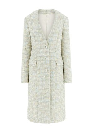 Gestructureerde lange jas in lichte pasteltinten, voorzien van een reverskraag, zes knopen en twee zijzakken. Gemaakt van een geweven stof.