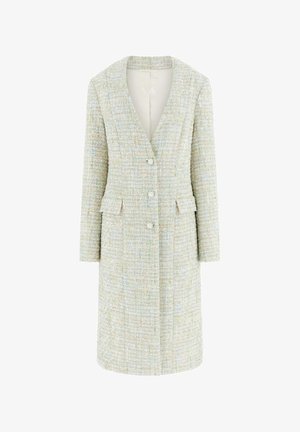 Cappotto lungo strutturato in colori pastello chiari, con colletto a revers, sei bottoni e due tasche laterali. Realizzato in tessuto intrecciato.