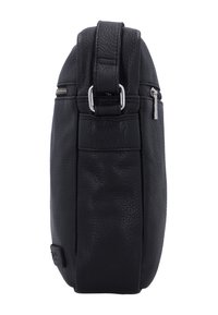 Borsa a tracolla nera in pelle con superficie testurizzata, tracolla regolabile, chiusura con zip superiore e tasca laterale. Presenta dettagli in metallo di colore argento.