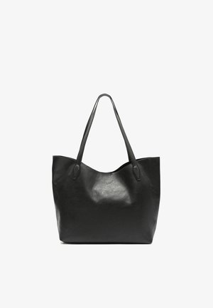 Schwarze Leder-Shoppertasche mit zwei Schulterriemen, einfachem Design und leicht strukturierter Oberfläche, vor weißem Hintergrund abgebildet.