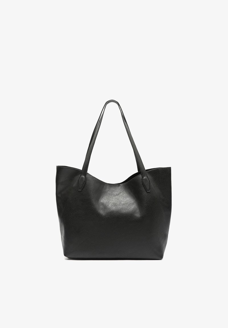 Zwart lederen draagtas met twee schouderbanden, eenvoudig ontwerp en licht gestructureerd oppervlak, afgebeeld tegen een witte achtergrond.