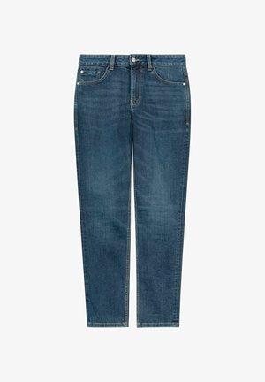 Granatowe dżinsy o prostym kroju nogawki, z pięcioma kieszeniami, szlufkami na pasek oraz zapięciem na guzik. Minimalne detale przyszycia.