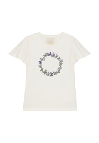 Weißes T-Shirt mit kurzen Ärmeln, das ein florales Design mit lila und grünen Schmetterlingen in einem kreisförmigen Muster zeigt. Weicher Stoff.