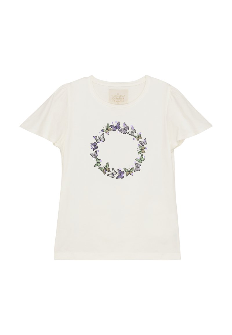 Weißes T-Shirt mit kurzen Ärmeln, das ein florales Design mit lila und grünen Schmetterlingen in einem kreisförmigen Muster zeigt. Weicher Stoff.