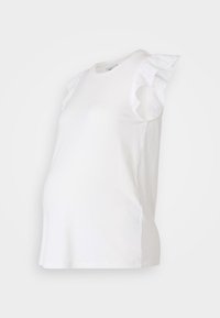 Camisa de maternidad blanca de manga corta, con un escote redondeado y acentos de encaje de ojales con volantes en las mangas. Material de algodón suave.