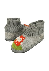 Gray felt slippers with a ribbed cuff, featuring an embroidered red fox on a green patch. The design includes a gray rubber sole.