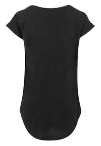 Black short-sleeve t-shirt with a rounded neckline and a curved hem. The fabric appears soft and has a subtle texture.