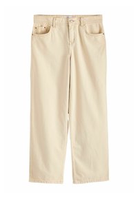 Beige katoenen broek met een relaxed fit, voorzien van een knoopsluiting, vijf zakken en rechte pijpen. Zachte textuur en een clean ontwerp.