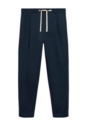Navy blue pants in a soft fabric, featuring a drawstring waistband with cream tie, tapered legs, and no visible pockets.