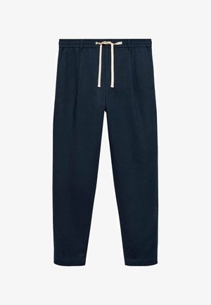Pantaloni blu navy in un tessuto morbido, con un elastico in vita e un laccetto crema, gambe tapered e senza tasche visibili.