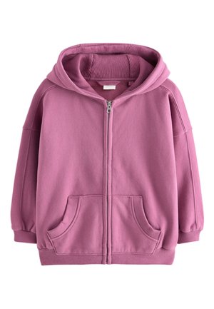 Fialová mikina na zips s veľkými prednými vreckami, rebrovanými manžetami a lemom a dvojvrstvovou kapucňou.