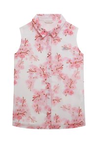 Blusa sin mangas, con botones y collar de punta, que presenta un suave patrón de flores de cerezo rosa sobre tela blanca y un pequeño logo bordado.