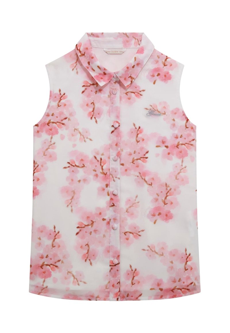 Blusa sin mangas, con botones y collar de punta, que presenta un suave patrón de flores de cerezo rosa sobre tela blanca y un pequeño logo bordado.