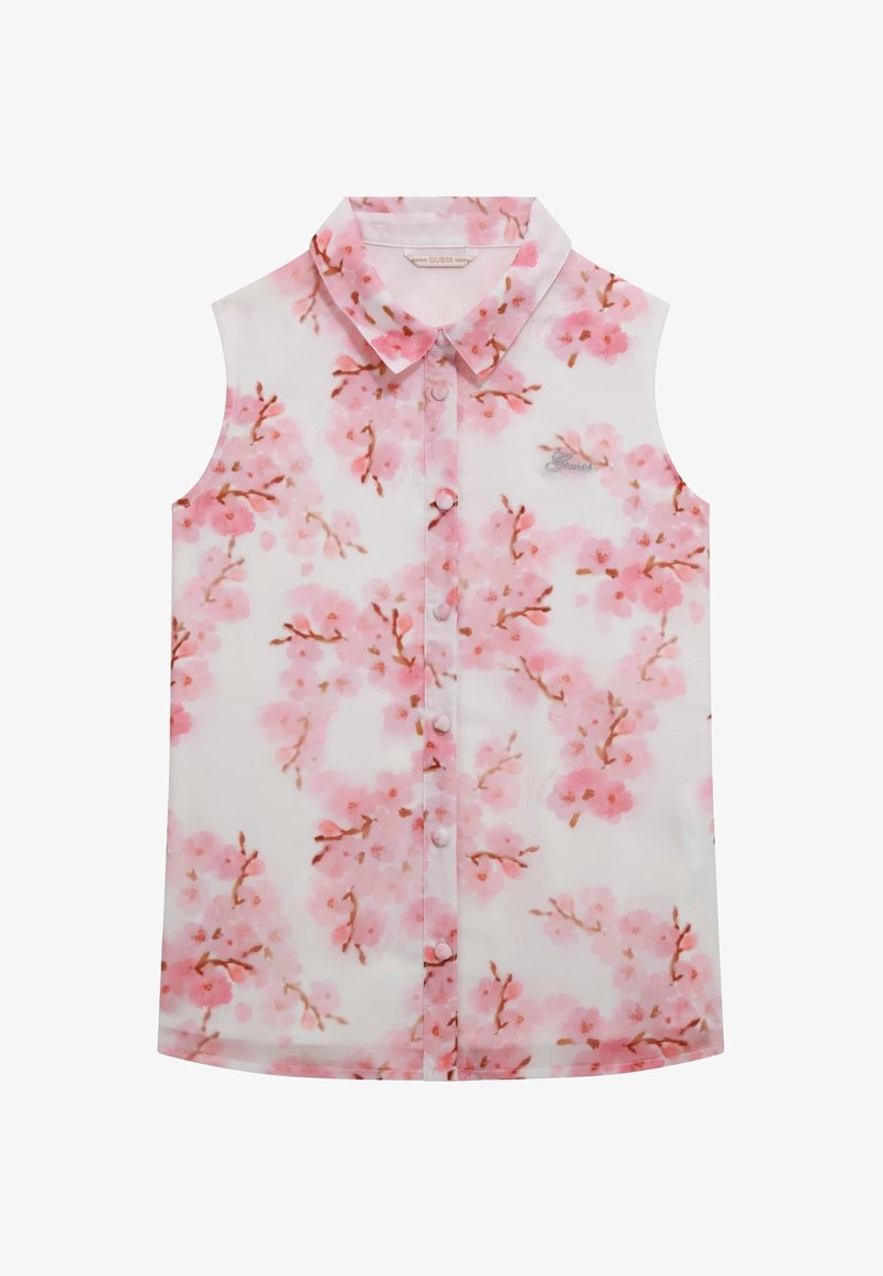 Blusa sin mangas, con botones y collar de punta, que presenta un suave patrón de flores de cerezo rosa sobre tela blanca y un pequeño logo bordado.