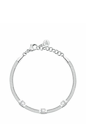 Bracciale d'argento con design a maglia flessibile, tre cristalli quadrati trasparenti e chiusura a moschettone con una piccola targhetta logo.