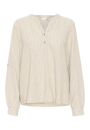 Chemise beige clair à manches longues avec des rayures blanches verticales, un col rond, une fermeture à boutons sur le devant et une coupe décontractée.