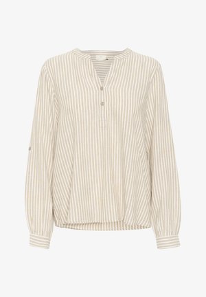 Heledbeez long varrukatega särk, millel on vertikaalsed valged triibud, ümar kaelus, ees nööbid ja mugav lõige.