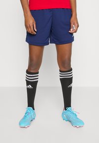 Marinblå idrottsshorts, svarta strumpor med vita ränder och ljusblå fotbollsskor. Strumporna har Adidas-logotyp och är knähöga.