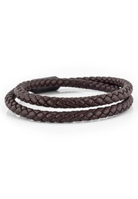 Braided brown leather bracelet, featuring two intertwined strands with a smooth texture and subtle sheen. Simple, cohesive design.