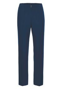 Marineblauwe broek met een gladde textuur, elastische tailleband en een zilverkleurig hardware accent aan de voorkant. Tailored, recht-pijpen ontwerp.