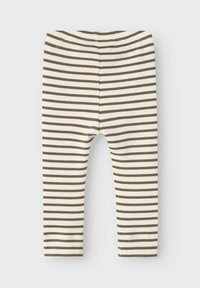 Prugaste tajice s off-white podlogom i naizmjeničnim smešnim prugama, s rebrastom teksturom i elastičnim pojasom.