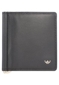 Billetera de cuero negro con una textura suave, diseño de doble pliegue y costuras en contraste. Presenta un pequeño detalle del logo en la parte frontal.