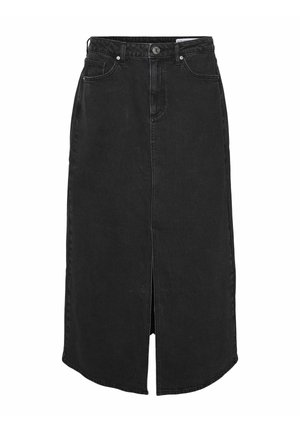 Mustade denimhõlmikud, millel on ees lõhe, viie taskuga disain ja vööaasad. Omab kergelt A-lainelist vormi ja lokkis äärt. Sujuv tekstuur.