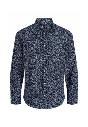 Tmavomodrá košeľa s dlhými rukávmi, bielym kvetinovým vzorom, zapínaním na gombíky vpredu a špicatým golierom.
