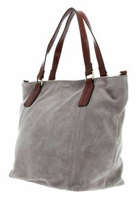 Grå mocka tote-väska med mörkbruna läderhandtag, som har synlig sömnad och en enkel design. Ingen framträdande hårdvara eller detaljer.