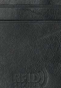 Czarny skórzany portfel blokujący RFID z teksturowaną powierzchnią, z wieloma slotami na karty i wytłoczonym napisem "RFID Secure".