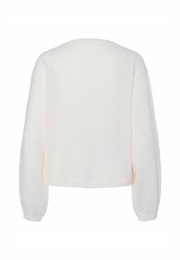 White knitted sweater with a round neckline, long sleeves, and a cropped hem. Features a soft texture and a light, airy appearance.
