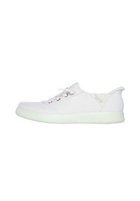 Sneakers bianchi in tela con punta tonda, chiusura con lacci e suola in gomma verde menta; presentano un sottile dettaglio del logo sul lato.