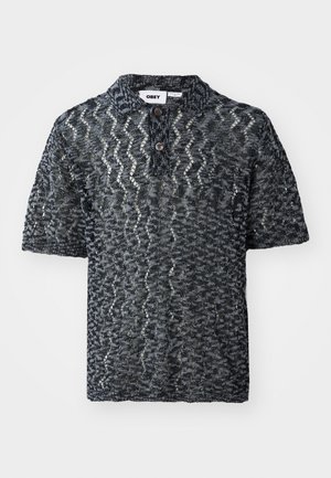 Short-sleeve polo in a textured black and gray knit. Features a collar and two brown buttons at the placket. Brand label visible.