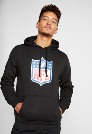 Black sweatshirt with a hood, featuring a large NFL logo in red, white, and blue. Made of soft material with a kangaroo pocket.