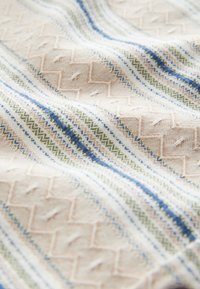 Tessuto con sfondo crema caratterizzato da strisce blu, verdi e rosa. Motivi testurizzati notevoli includono zigzag e piccoli motivi.