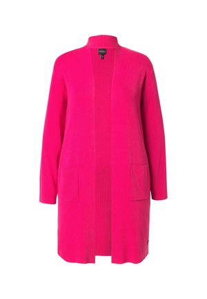 Lange, open voorkant cardigan in helder roze, gemaakt van zachte stof, met twee voorzakken en driekwart mouwen.