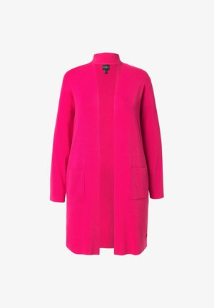 Lange, open voorkant cardigan in helder roze, gemaakt van zachte stof, met twee voorzakken en driekwart mouwen.