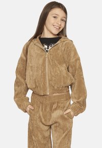 Felpa marrone in peluche con zip frontale, orlo elastico e cappuccio. Abbinata a pantaloni coordinati, dotati di tasche laterali e una vestibilità comoda.