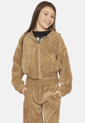 Felpa marrone in peluche con zip frontale, orlo elastico e cappuccio. Abbinata a pantaloni coordinati, dotati di tasche laterali e una vestibilità comoda.