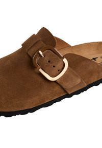 Brown suede slip-on shoe featuring a wide strap and a gold-colored metal buckle, with a textured black rubber sole.