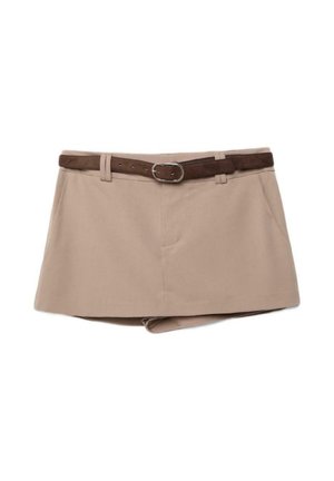 Bež mini krilo z visokim pasom, stranskimi žepi in rjavim semiš pasom s srebrno ovalno sponko.
