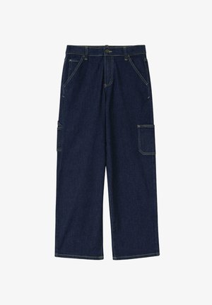 Tmavomodré široké denimové nohavice s prednými a bočnými vreckami, pútkami na opasok, predným gombíkom a zipsovým zapínaním.