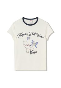 White cotton t-shirt with a navy ribbed neckline, featuring a graphic of a Kewpie doll and butterflies with 'Kewpie Doll Cute!' text.