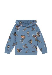 Blaues Sweatshirt mit Kapuze, das ein verspieltes Tiermotiv in verschiedenen Farben zeigt. Gerippte Bündchen, lockere Passform und weiche Textur.