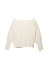 Cremefarbener, schulterfreier Pullover mit geripptem Saum und langen, weiten Ärmeln. Weicher Stoff, lässige Passform. Einfaches, minimalistisches Design.
