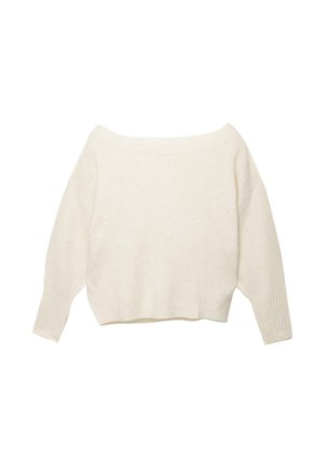 Pulover crem, cu umerii goi, cu tiv cu nervuri și mâneci lungi, largi. Textură moale, croială relaxată. Design simplu, minimalist.